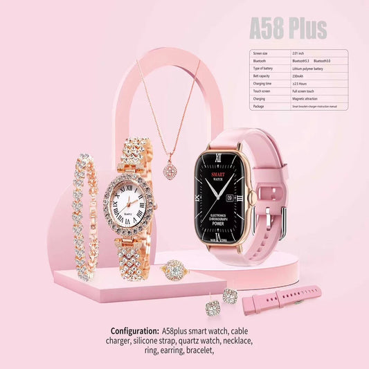 A58 Plus 6-in-1 Smartwatch Set – The Ultimate All-in-One Smart Lifestyle Kit!